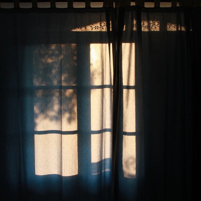 Curtained window with light of sunset and dim view of leafed out trees showing through thin curtains