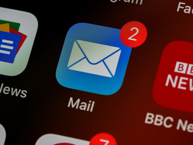 An icon for email, a white envelope against a blue box with a red button showing two unopened messages.