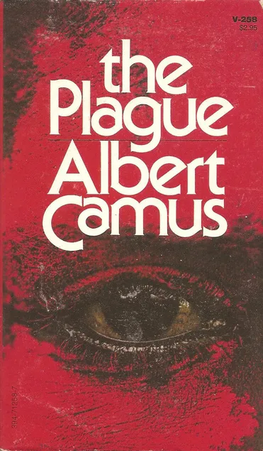 A deep red book cover of The Plague, with a large eye staring below the title